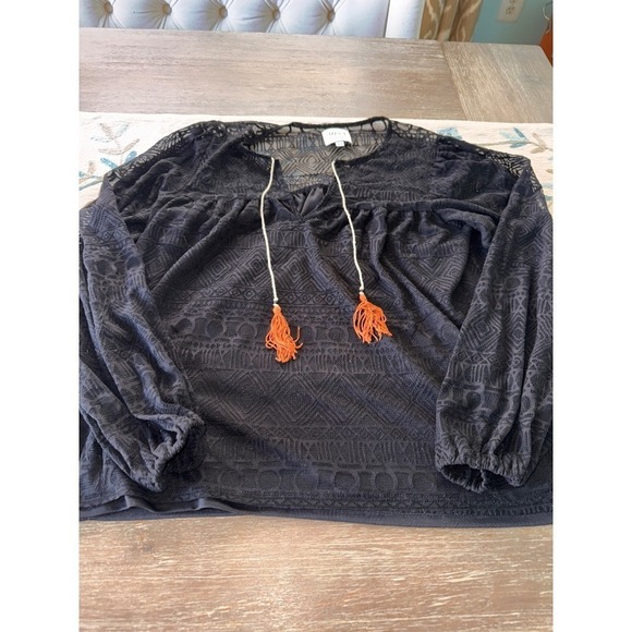 MISA Los Angeles Boho Tassel Blouse Long Sleeve‎ Lace Top Black XS - Picture 4 of 7